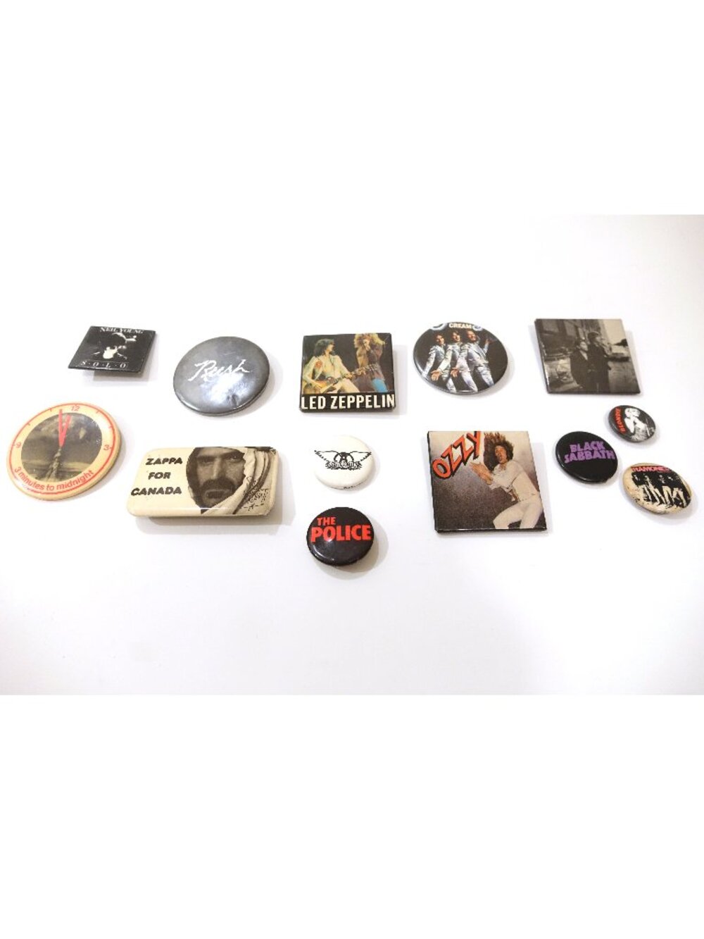Lot Of 13 Vintage Hard Rock Pins - Beatles, Rush, The Police, Ozzy, and more.